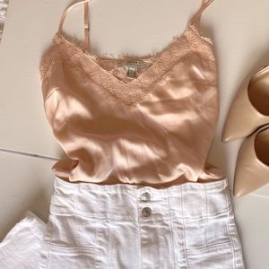 Pretty Pink Silk Tank Top with Lace Detail